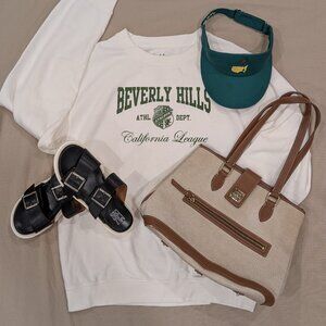 Dooney & Bourke 1975 Donegal Canvas Tote Leather Trimmed Ivory Brown Trim